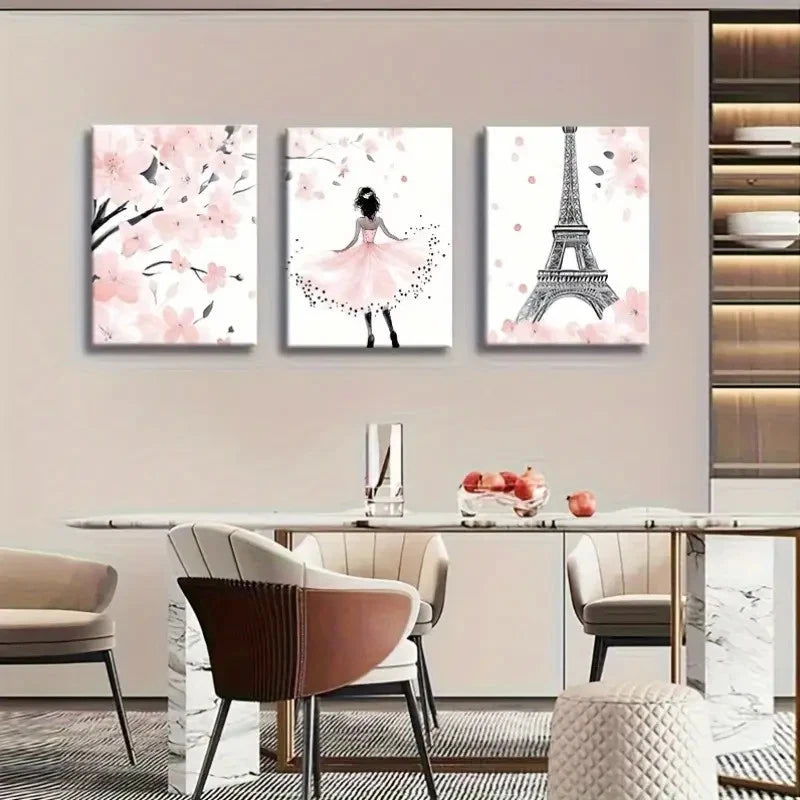 3pcs Parisian Elegance & Cherry Blossom Metal Print Ready to Hang Art