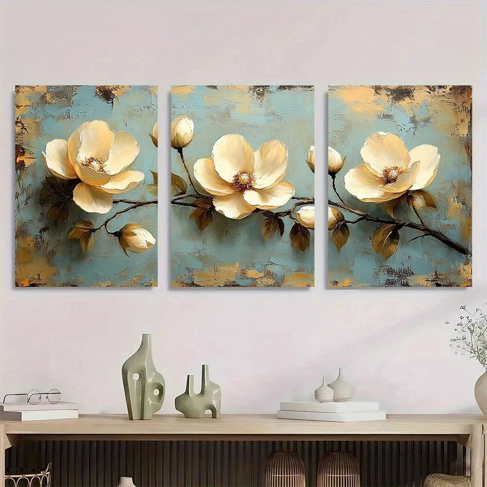 3pcs Elegant Beige Magnolia Flower Metal Print Ready to Hang Art