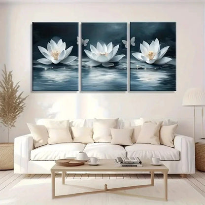 3pcs Featuring White for Lotus and Butterflies Metal Print Ready to Hang Art