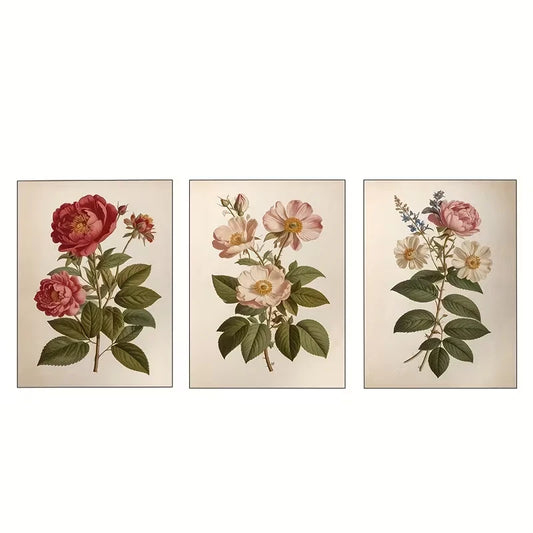 3pcs Vintage Rose Plant Triptych  Wall Art Set Canvas Framed 60x90cm - High Quality Print 100% Australian Made Wall Canvas Ready to Hang