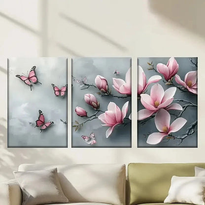 3pcs Pink Flowers And Flying Butterflies Metal Print Ready to Hang Art