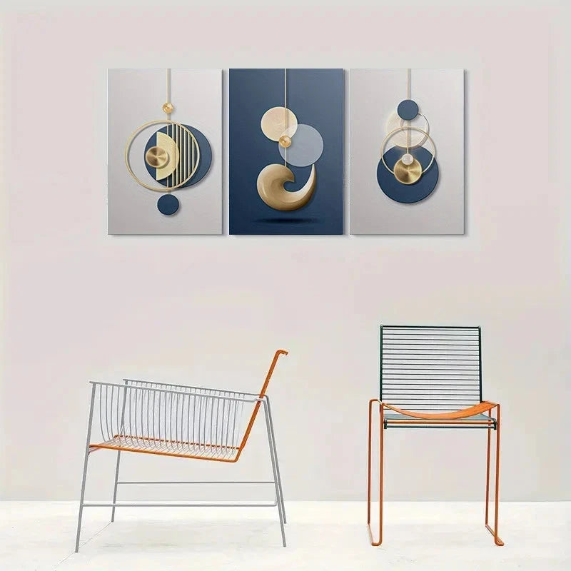 3pcs Modern Abstract Geometric Golden & Blue Metal Print Ready to Hang Art
