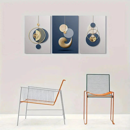 3pcs Modern Abstract Geometric Golden & Blue Metal Print Ready to Hang Art