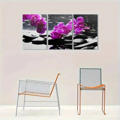 3pcs Purple Orchids on Black Rock Metal Print Ready to Hang Art