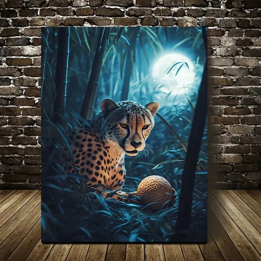Cheetah with Ball in Bamboo Grove Painting 40x60cm Metal Print Ready to Hang