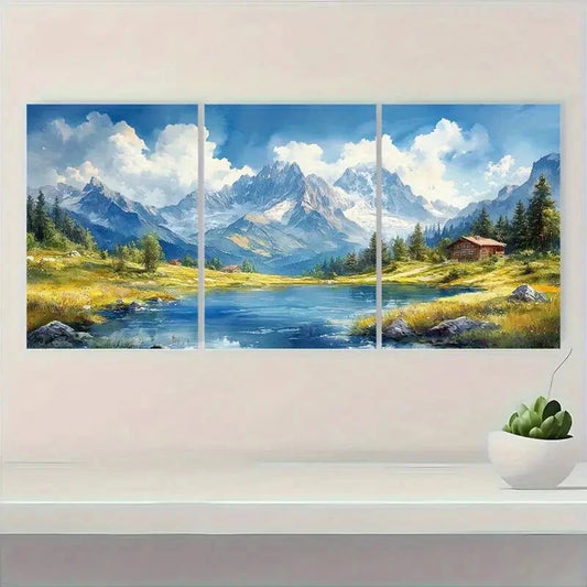 3pcs Alps Mountain Valley Watercolor Landscape Metal Print Ready to Hang Art