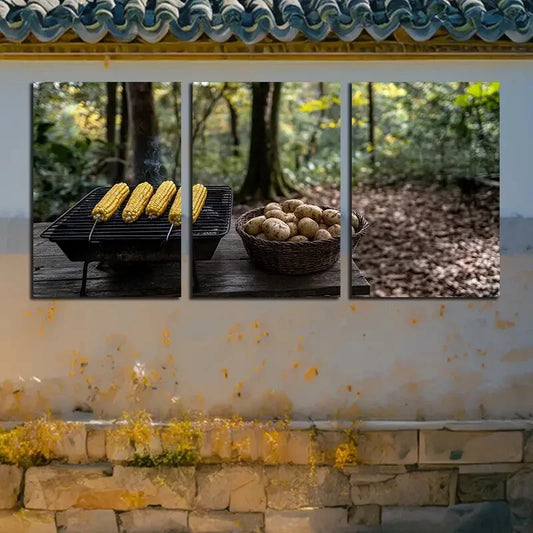 3pcs Outdoor Barbecue in Forest Scene Metal Print Ready to Hang Art
