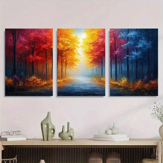 3pcs Abstract Forest Autumn And Winter Trees Metal Print Ready to Hang Art