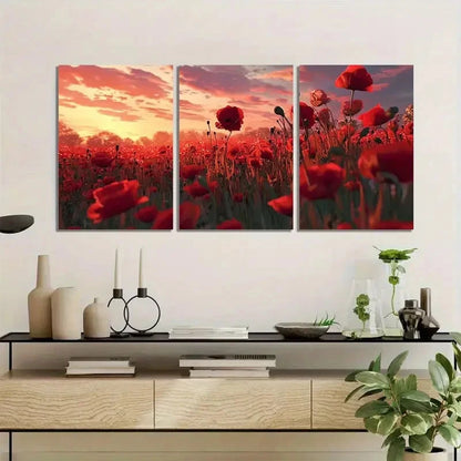 3pcs Art Painting Red Poppy Field at Sunset Metal Print Ready to Hang Art