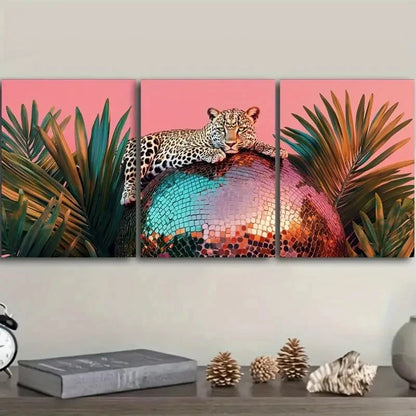 3pcs Leopard on Disco Ball Style Metal Print Ready to Hang Art