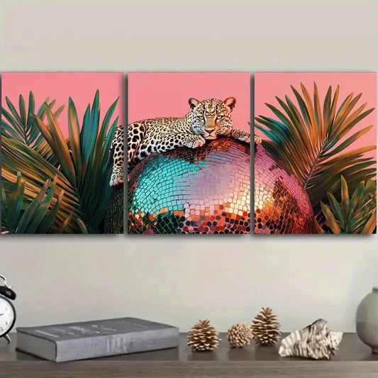 3pcs Leopard on Disco Ball Style Metal Print Ready to Hang Art