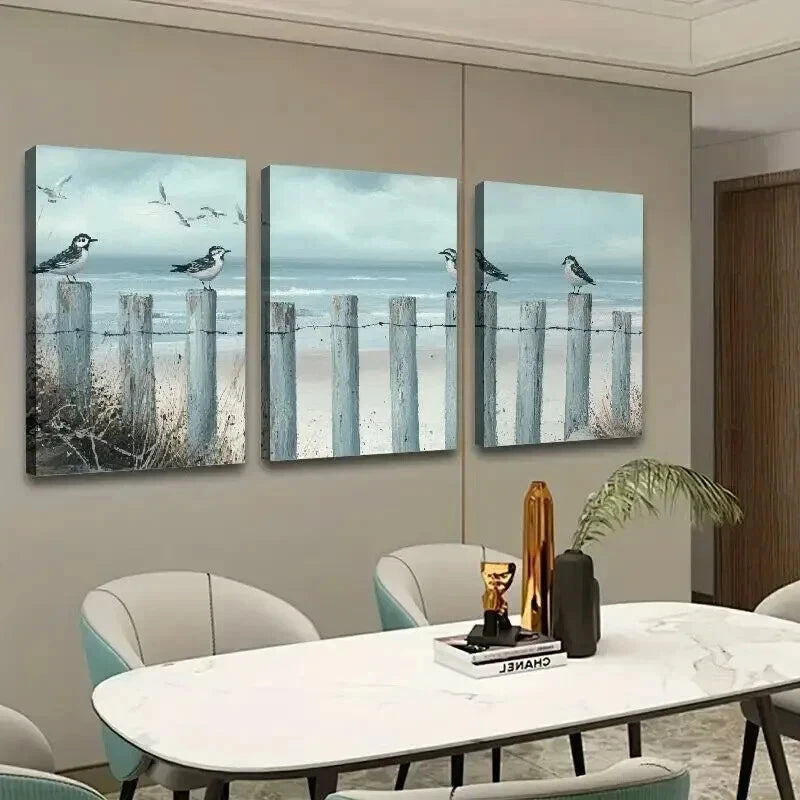 3pcs Beach Landscape Birds with on Fence Wall Art Set Canvas Framed 40x60cm - High Quality Print 100% Australian Made Wall Canvas Ready to Hang