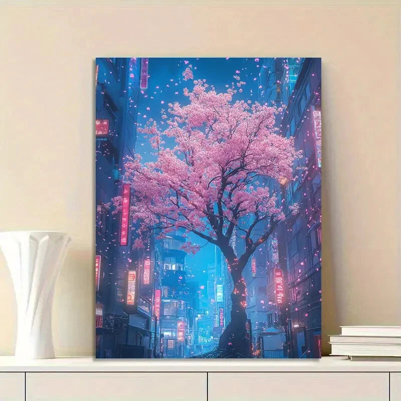 Cyberpunk Neon Cherry Blossom Vibrant Urban Night  40x60cm Metal Print Ready to Hang