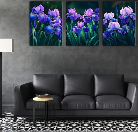 3pcs Vibrant Blue & Purple Iris Flowers Metal Print Ready to Hang Art