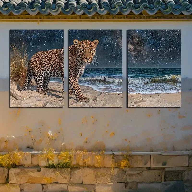 3pcs Leopards on the Beach Illustration Metal Print Ready to Hang Art