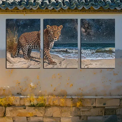 3pcs Leopards on the Beach Illustration Metal Print Ready to Hang Art