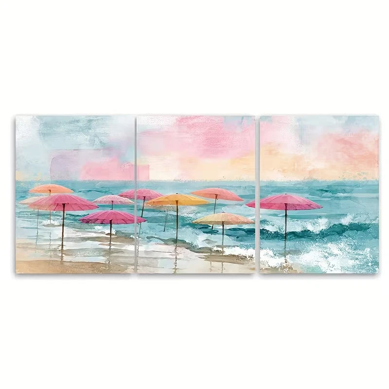 3pcs Pink Umbrellas & Ocean Waves Metal Print Ready to Hang Art