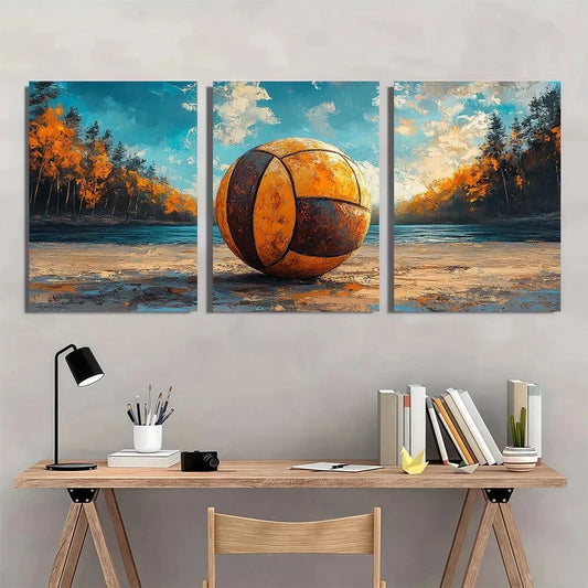 3pcs Vintage Volleyball Ball & Autumn Forest Metal Print Ready to Hang Art