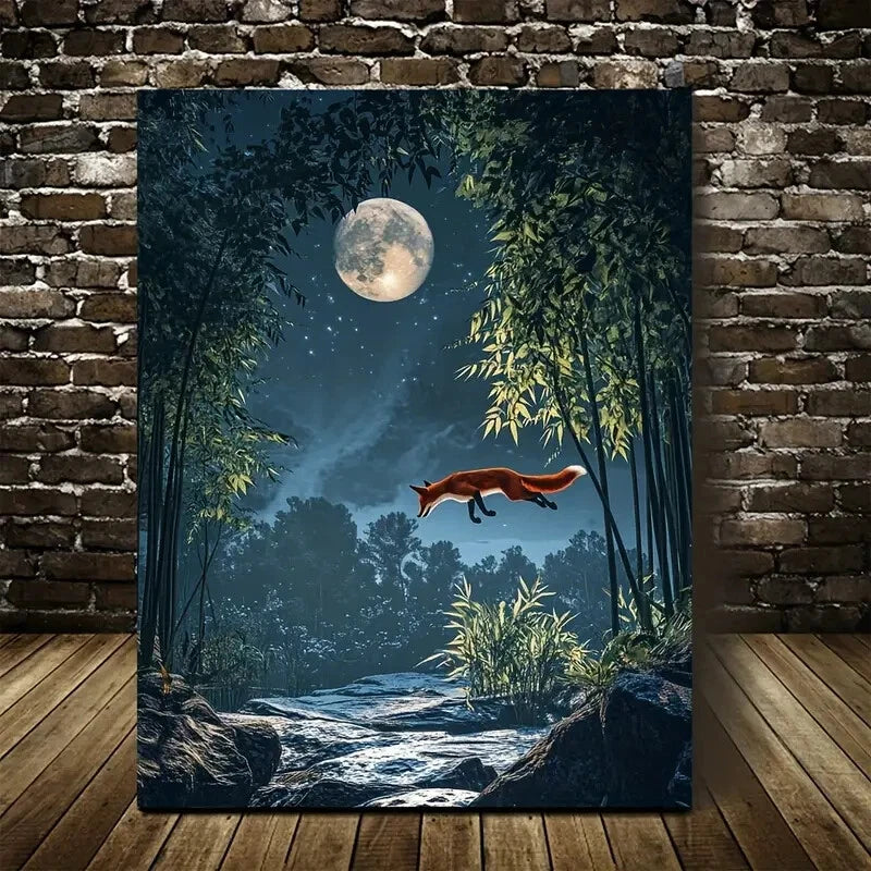 Joyful Red Fox Leaping in Bamboo Groveg 40x60cm Metal Print Ready to Hang