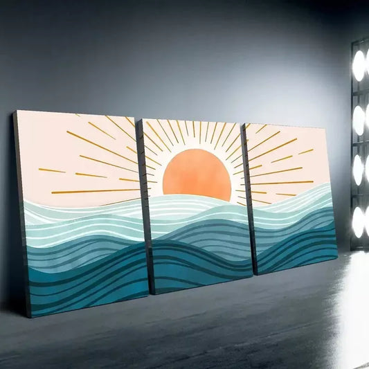 3pcs   Sun and Sea Waves  Wall Art Set Canvas Framed 50x70cm - High Quality Print 100% Australian Made Wall Canvas Ready to Hang - Bella Home Decor