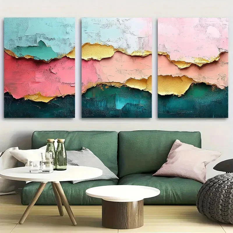 3pcs Abstract Pastel Bold and Colorful Textured Metal Print Ready to Hang Art