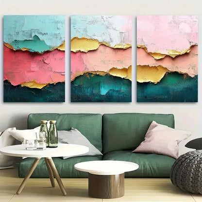 3pcs Abstract Pastel Bold and Colorful Textured Metal Print Ready to Hang Art