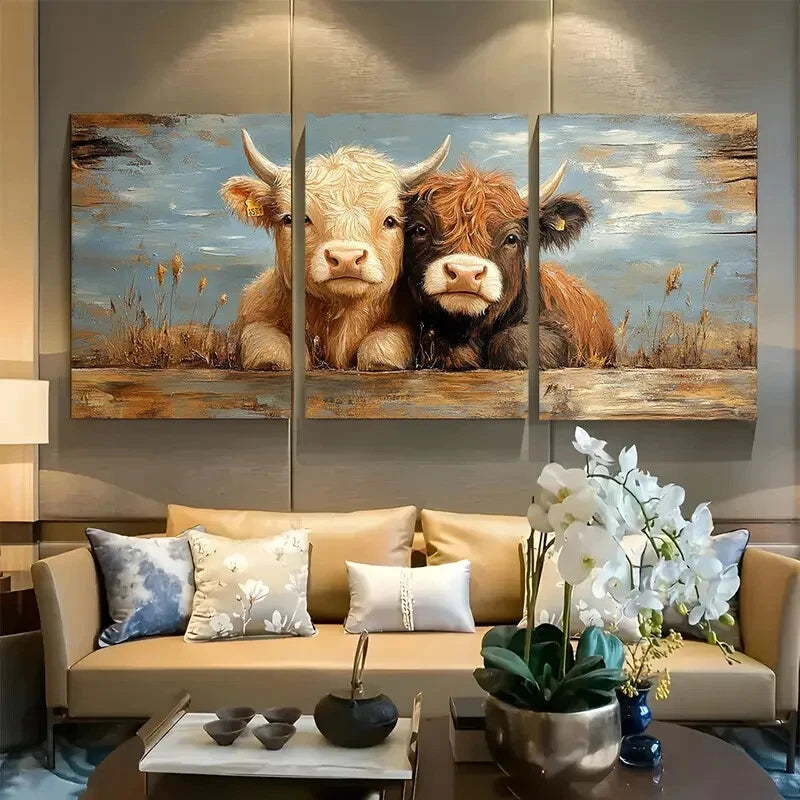 3pcs Cute Scottish Cattle Metal Print Ready to Hang Art
