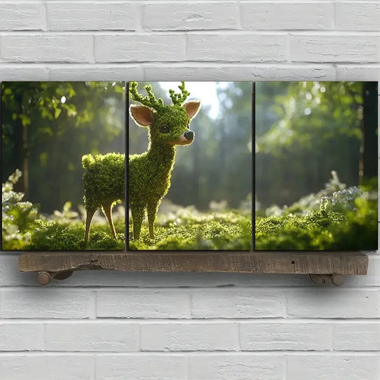 3pcs Deer in The Forest Green Nature Metal Print Ready to Hang Art