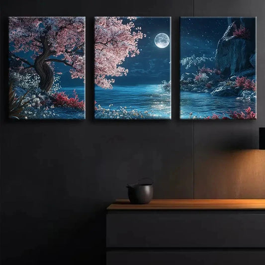 3pcs Pink Blossom Tree and Moon Wall Art Set Canvas Framed 40x60cm - High Quality Print 100% Australian Made Wall Canvas Ready to Hang