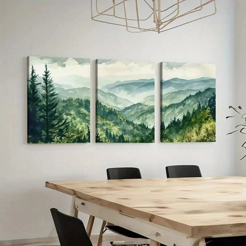 3pcs Vintage Mountain Green Forest Misty Hills  Wall Art Canvas  Wall Art Set Canvas Framed 40x60cm - High Quality Print 100% Australian Made Wall Canvas Ready to Hang
