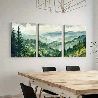 3pcs Vintage Mountain Green Forest Misty Hills  Wall Art Canvas  Wall Art Set Canvas Framed 40x60cm - High Quality Print 100% Australian Made Wall Canvas Ready to Hang