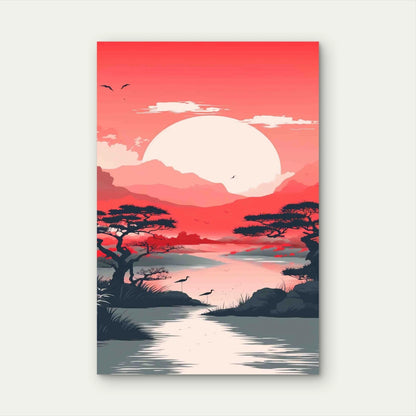 Red Landscape With Mountain Lake With Sunset 40x60cm Metal Print Ready to Hang