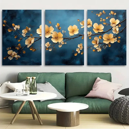 3pcs Golden Branches Leaves with Florals Design Metal Print Ready to Hang Art