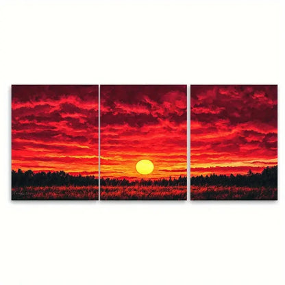 3pcs Modern Stunning Red Sunset Illustration Wall Art Set Canvas Framed 40x60cm - High Quality Print 100% Australian Made Wall Canvas Ready to Hang