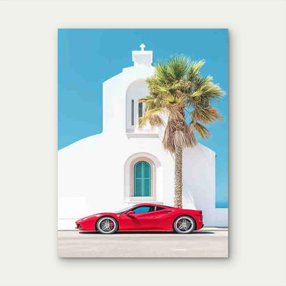 Vintage Style Red Sports with Palm Trees 40x60cm Metal Print Ready to Hang