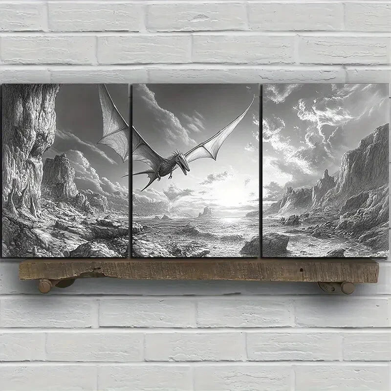 3pcs Dragons Flying On The Coast Black & White Metal Print Ready to Hang Art