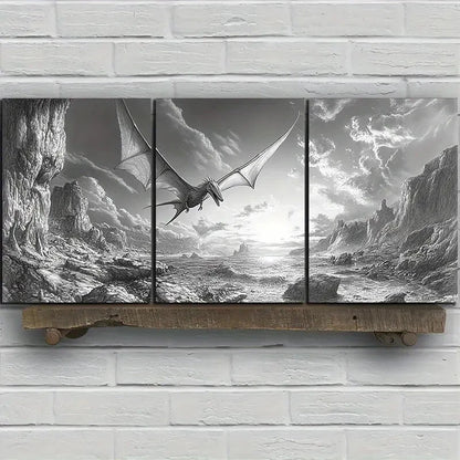 3pcs Dragons Flying On The Coast Black & White Metal Print Ready to Hang Art