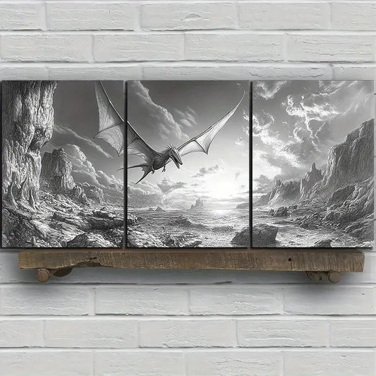 3pcs Dragons Flying On The Coast Black & White Metal Print Ready to Hang Art