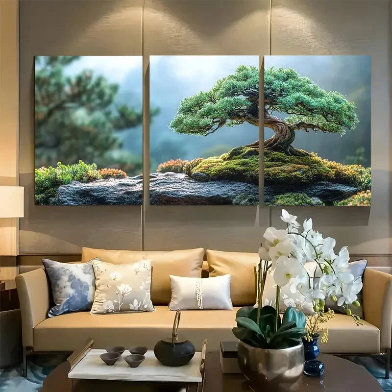 3pcs Japanese Bonsai Tree Abstract Design Metal Print Ready to Hang Art