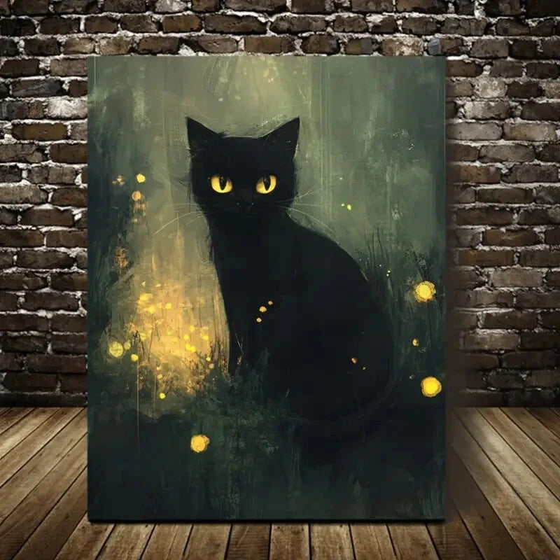 Whimsical Black Cat Contemporary Painting 40x60cm Metal Print Ready to Hang