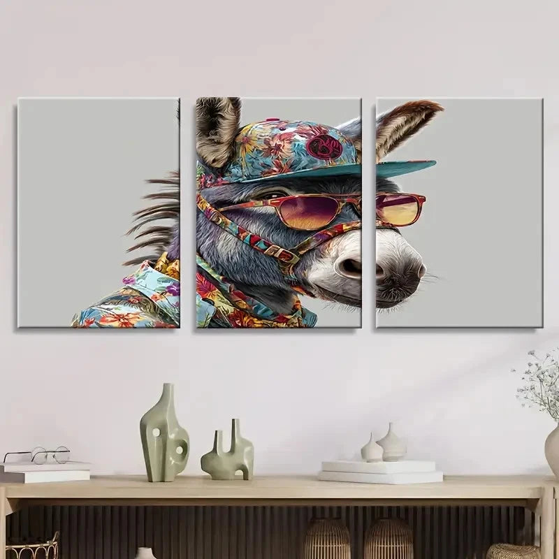 3pcs Cool Stylish Donkey with Baseball Cap Wall Art Set Canvas Framed 60x90cm - High Quality Print 100% Australian Made Wall Canvas Ready to Hang