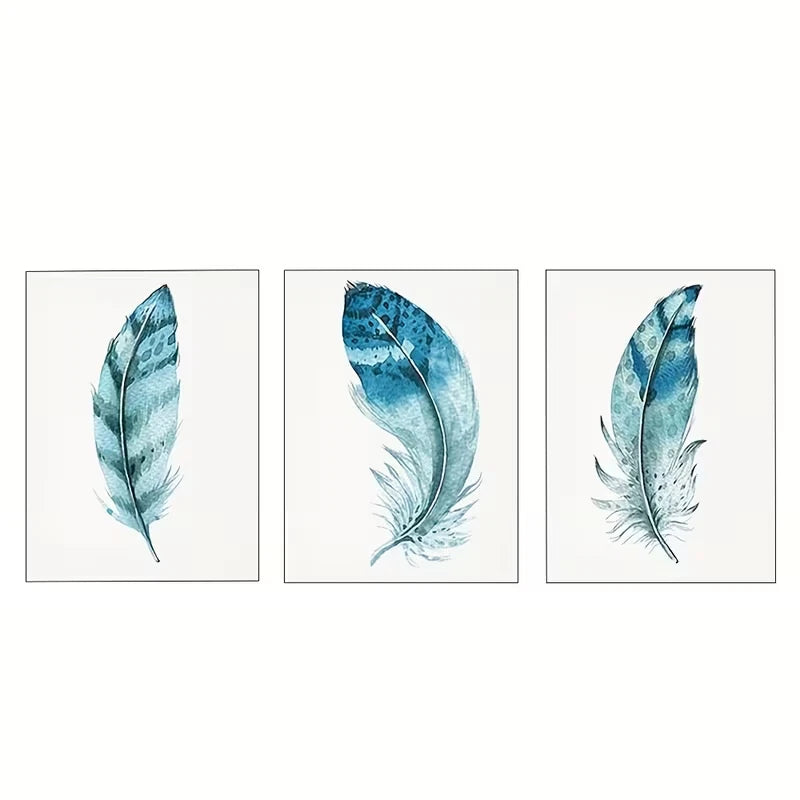 3pcs Blue Abstract Watercolor Feather  Wall Art Set Canvas Framed 60x90cm - High Quality Print 100% Australian Made Wall Canvas Ready to Hang