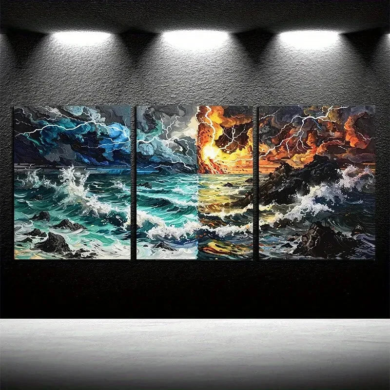 3pcs Ocean Waves Destruction and Rebirth Theme Metal Print Ready to Hang Art