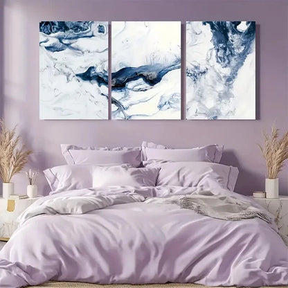 3pcs Vibrant Ocean Navy Blue & White Abstract Metal Print Ready to Hang Art