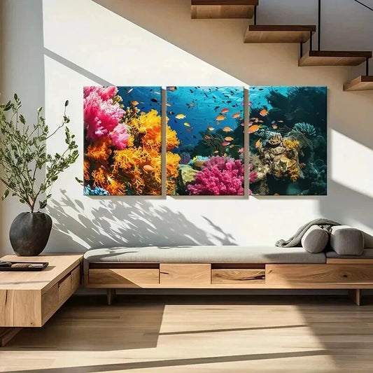 3pcs Vibrant Coral Colorful Fish Underwater Life Wall Art Set Canvas Framed 40x60cm - High Quality Print 100% Australian Made Wall Canvas Ready to Hang