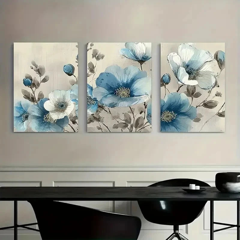 3pcs Light Blue & White Floral Painting Metal Print Ready to Hang Art