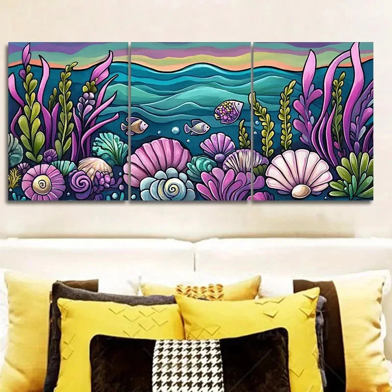 3pcs Colorful Underwater Scene with Seashells Wall Art Set Canvas Framed 50x70cm - High Quality Print 100% Australian Made Wall Canvas Ready to Hang