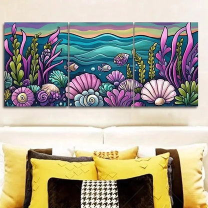 3pcs Colorful Underwater Scene with Seashells Wall Art Set Canvas Framed 50x70cm - High Quality Print 100% Australian Made Wall Canvas Ready to Hang