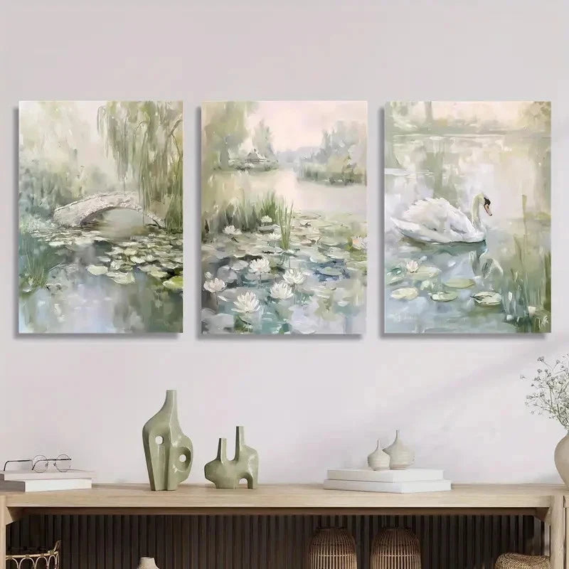 3pcs Depicting Spring Scenes Featuring a Pond Metal Print Ready to Hang Art