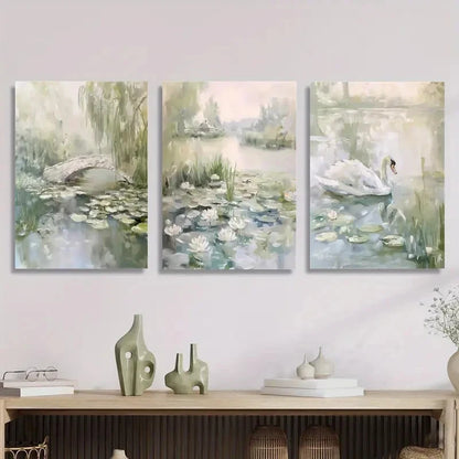 3pcs Depicting Spring Scenes Featuring a Pond Metal Print Ready to Hang Art